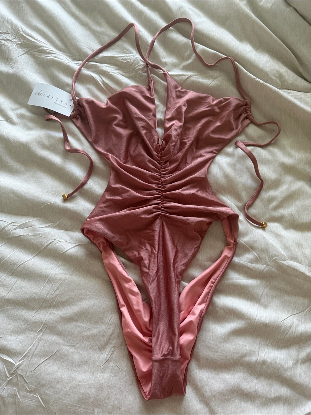 Ruched Dusty Rose One-Piece Swimsuit with Adjustable Ties